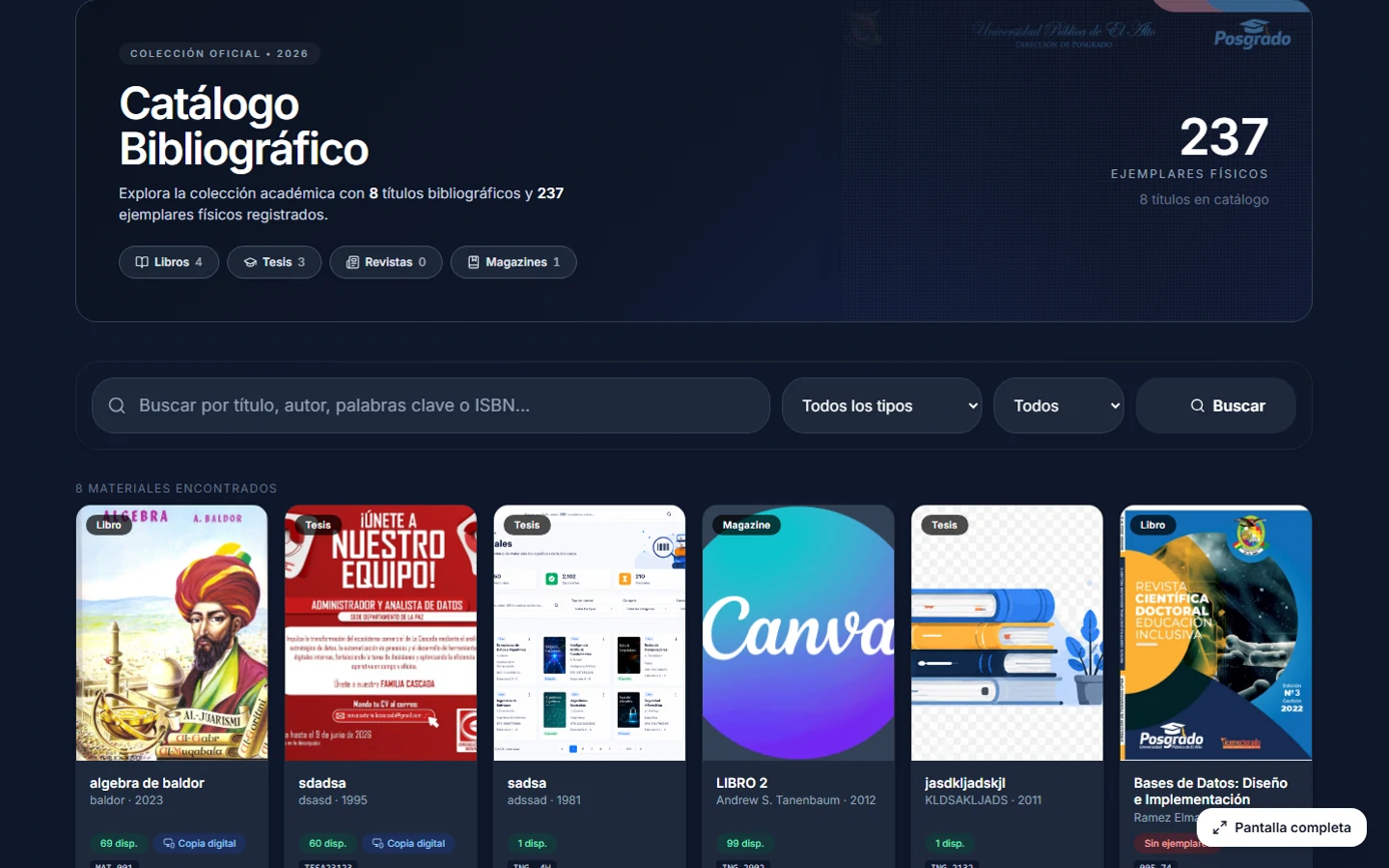 Catálogo bibliográfico público con barra de búsqueda y filtros