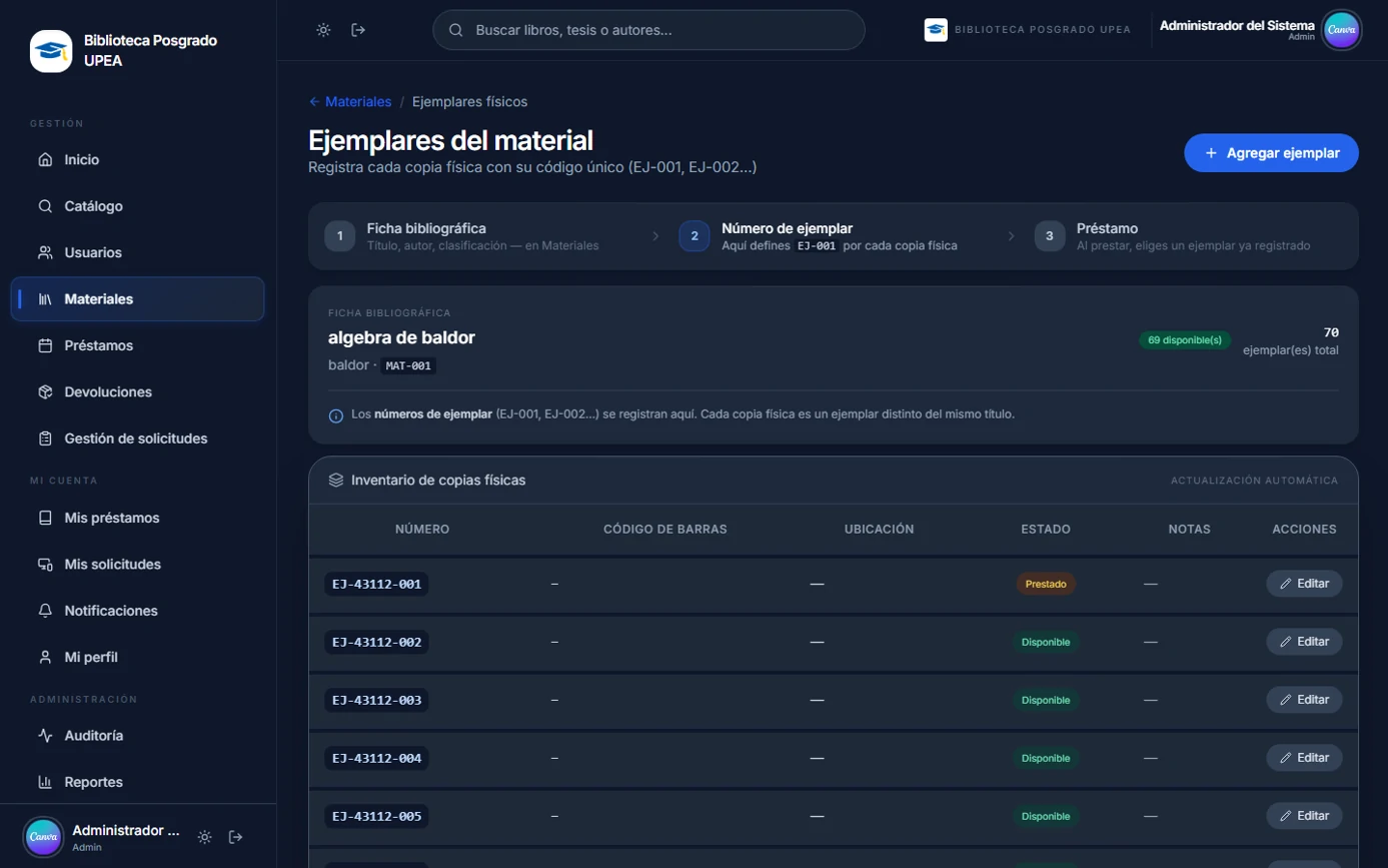 Inventario de ejemplares físicos con código, ubicación y estado