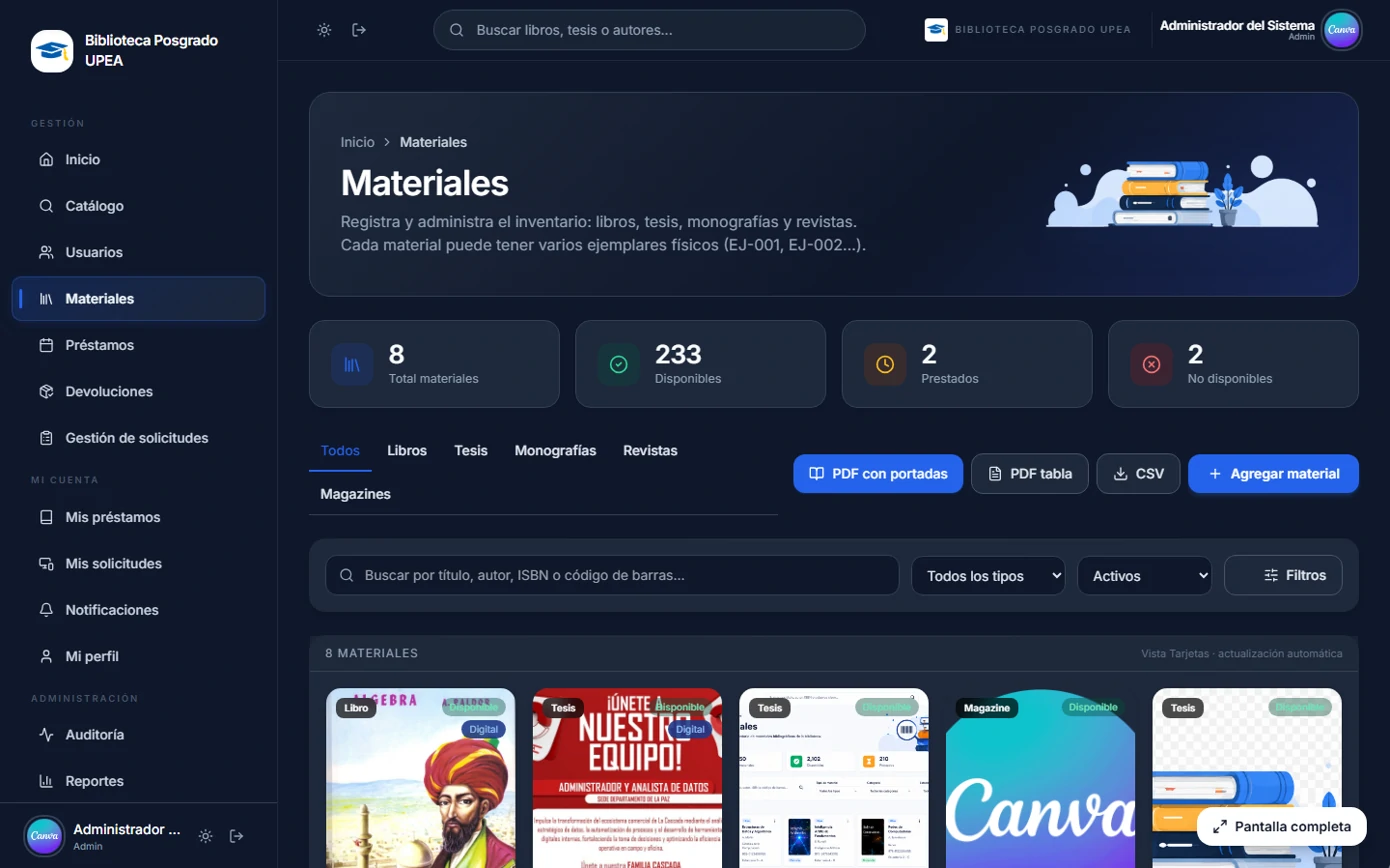 Pantalla de gestión de materiales con estadísticas de inventario