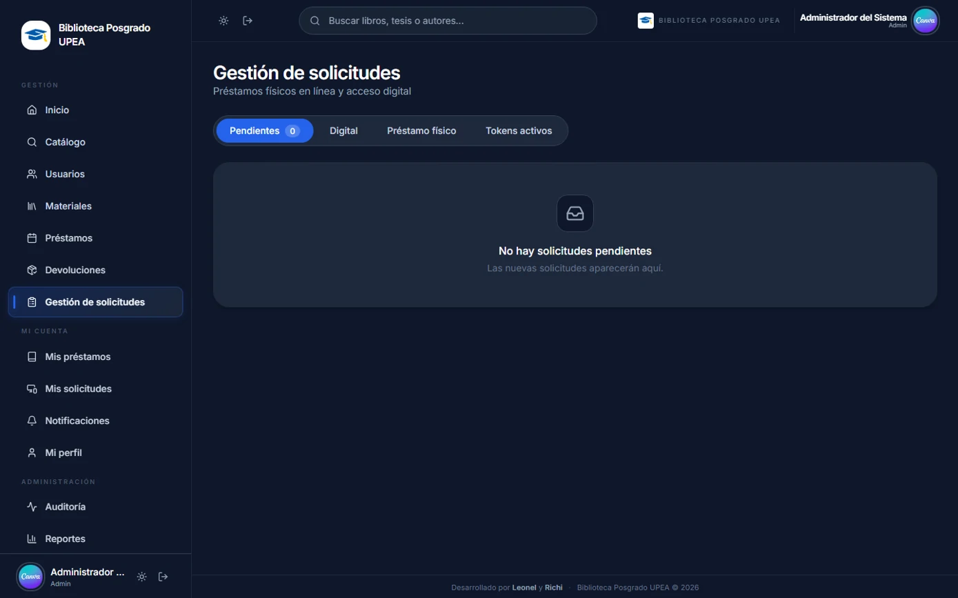 Bandeja de gestión de solicitudes pendientes con pestañas