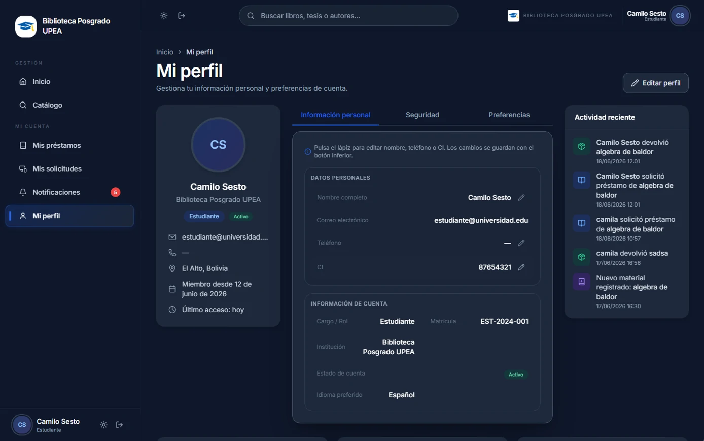 Pantalla Mi perfil con pestañas de información personal, seguridad y preferencias