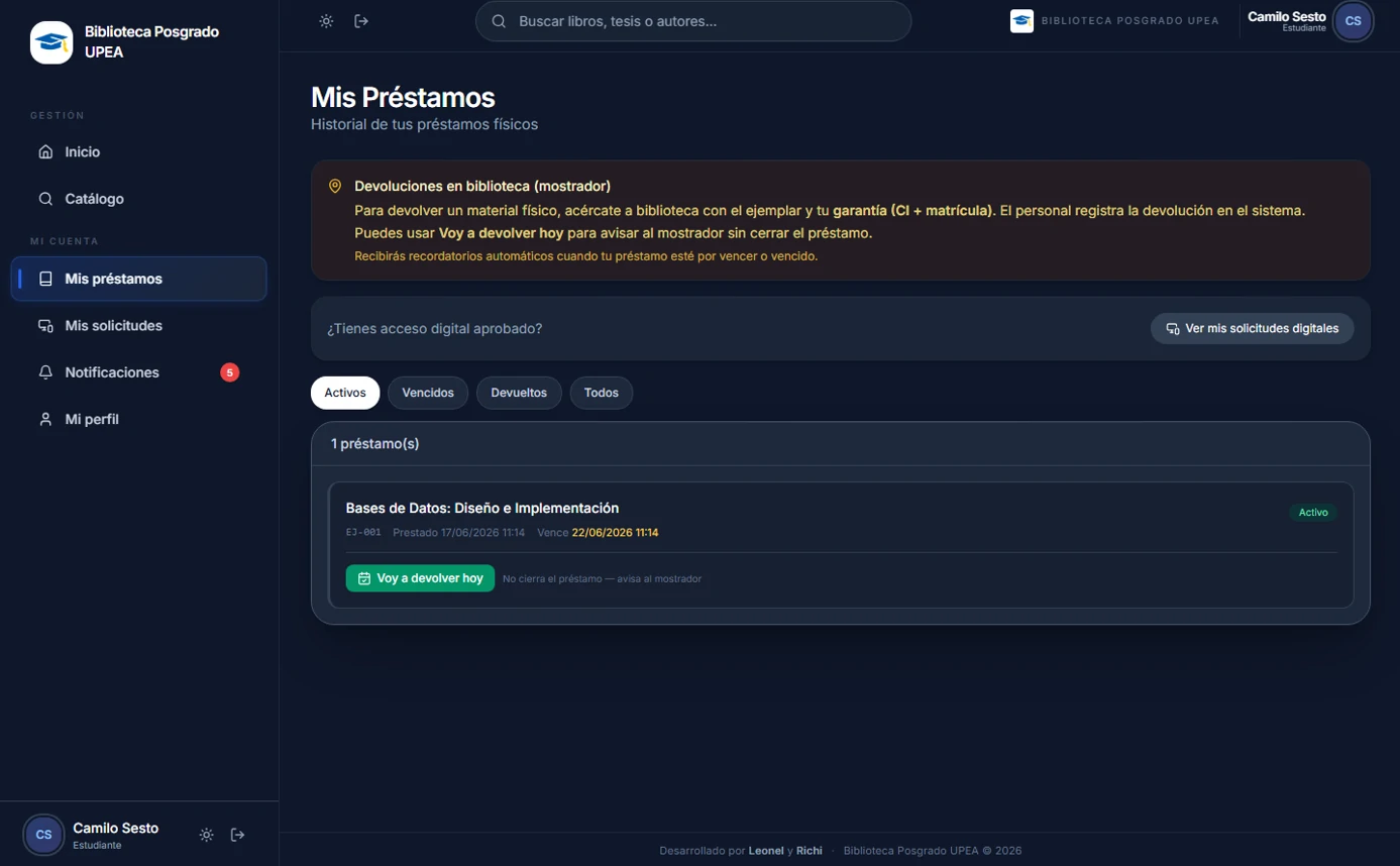 Pantalla Mis préstamos con filtros y lista de préstamos activos