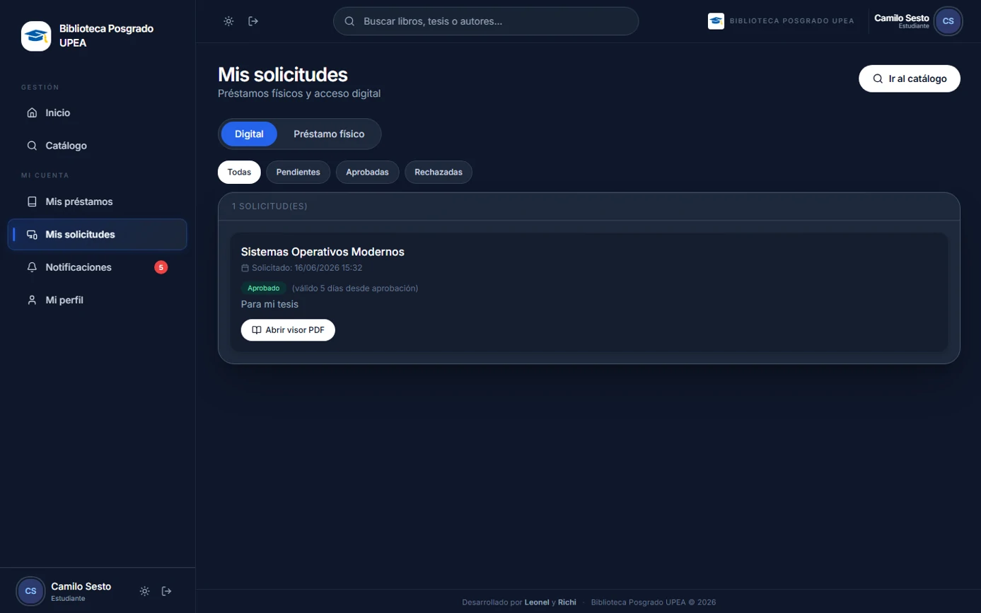 Pantalla Mis solicitudes con pestañas Digital y Préstamo físico