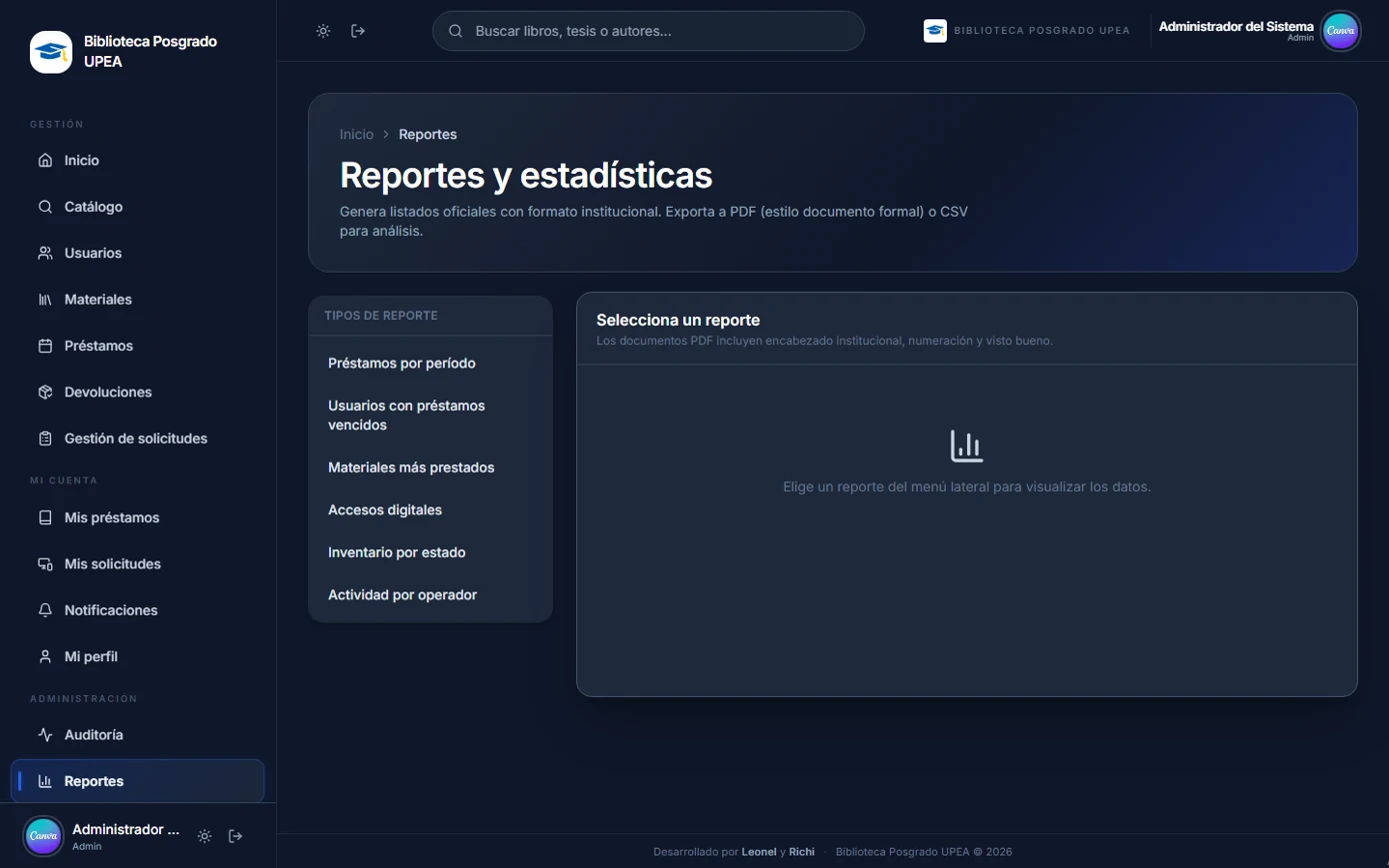 Pantalla de reportes con menú de tipos y botones de exportación
